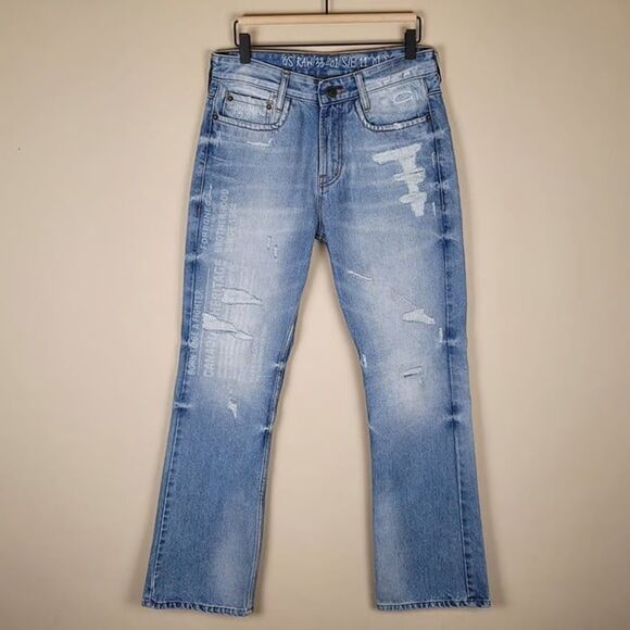 G-Star Raw Size 29x32 3301 Jeans Distressed Flare Bootcut Embroidered Light Blue - Picture 2 of 12